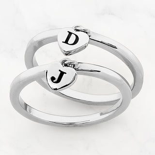 Rhodium Plated Stackable Initial Heart Charm Ring - Set of 2
