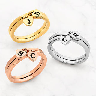 14K Gold Plated Stackable Initial Heart Charm Ring - Set of 2