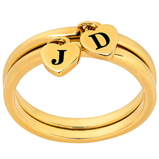 14K Gold Plated Stackable Initial Heart Charm Ring - Set of 2