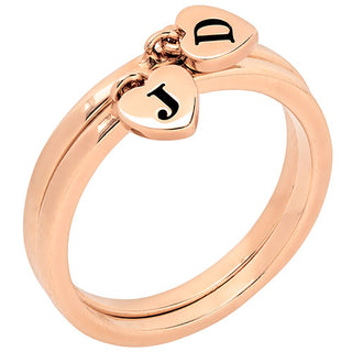 14K Rose Gold Plated Stackable Initial Heart Charm Ring - Set of 2