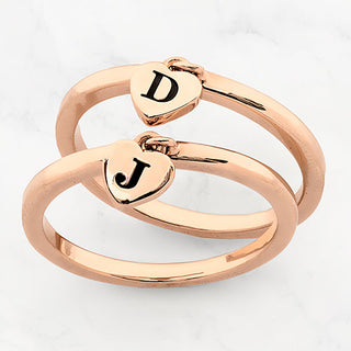 14K Rose Gold Plated Stackable Initial Heart Charm Ring - Set of 2