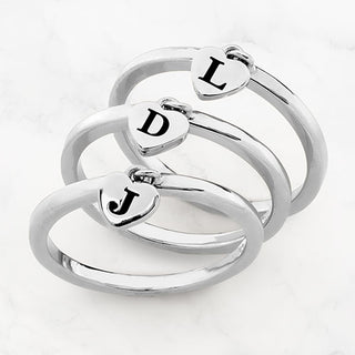 Rhodium Plated Stackable Initial Heart Charm Ring - Set of 3