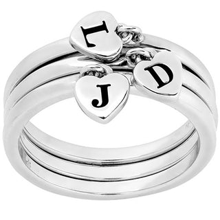 Rhodium Plated Stackable Initial Heart Charm Ring - Set of 3