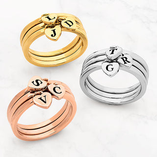14K Gold Plated Stackable Initial Heart Charm Ring - Set of 3