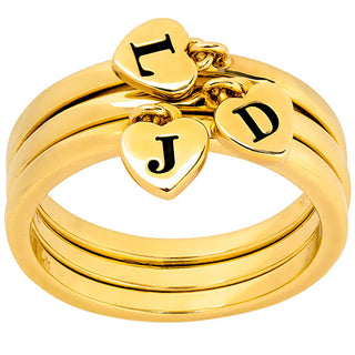 14K Gold Plated Stackable Initial Heart Charm Ring - Set of 3