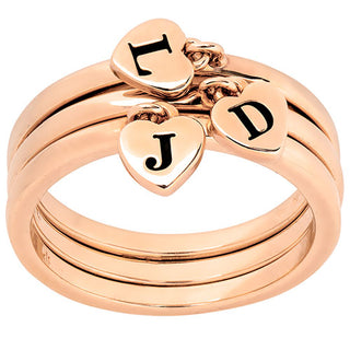 14K Rose Gold Plated Stackable Initial Heart Charm Ring - Set of 3