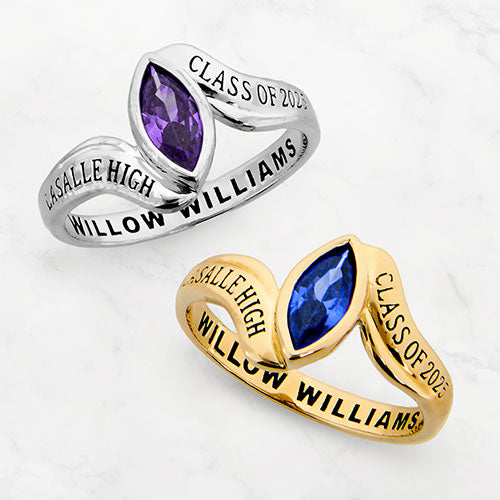 Sterling Silver Ladies Bypass Marquise Birthstone Class Ring