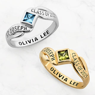 Gold over Sterling Women's Bypass Princess Cut Birthstone Fashion Class Ring