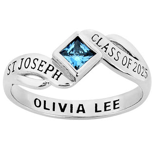 Platinum Plated Women's Bypass Princess Cut Birthstone Fashion Class Ring