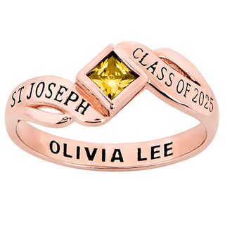 14K Rose Gold Plated Women's Bypass Princess Cut Birthstone Fashion Class Ring