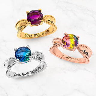 14K Gold Plated Iridescent Stone Engraved Beadeded Ring