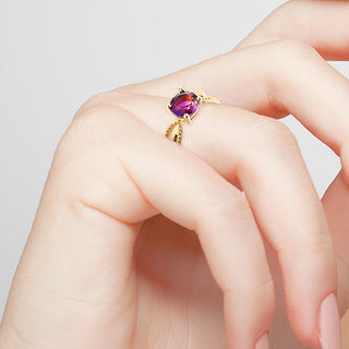 14K Gold Plated Iridescent Stone Engraved Beadeded Ring
