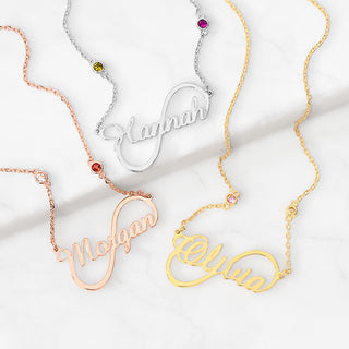 Sterling Silver Script Name Infinity and Birthstone Necklace