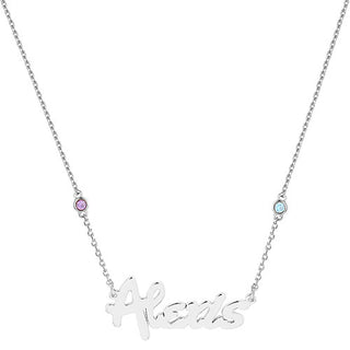 Sterling Silver Bold Script Name and Birthstone Necklace