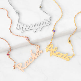Sterling Silver Bold Script Name and Birthstone Necklace