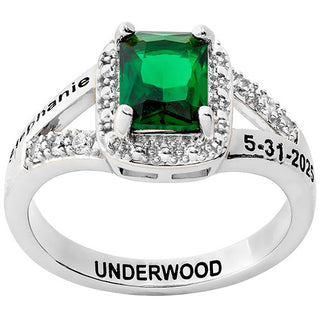 Ladies' Silver Plated Emerald Cut Birthstone with CZ Class Ring