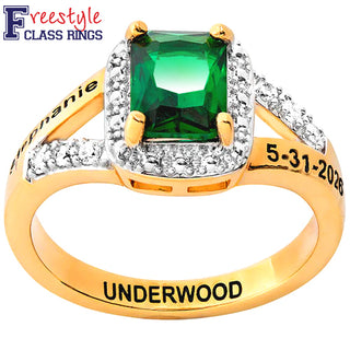 Ladies' 14K Gold over Sterling Emerald Cut Birthstone with CZ Freestyle Class Ring
