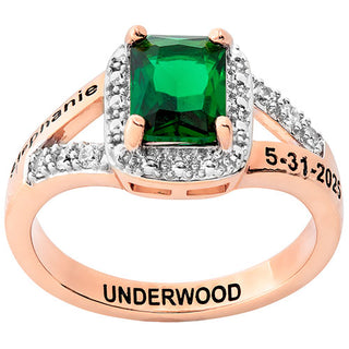 Ladies' 14K Rose Gold Plated Emerald Cut Birthstone with CZ Class Ring