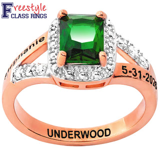 Ladies' 14K Rose Gold Plated Emerald Cut Birthstone with CZ Freestyle Class Ring