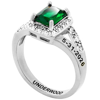Ladies' Sterling Silver Emerald Cut Birthstone with CZ Freestyle Class Ring