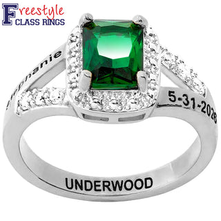 Ladies' Sterling Silver Emerald Cut Birthstone with CZ Freestyle Class Ring