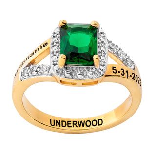 Ladies' 14K Gold over Sterling Emerald Cut Birthstone with CZ Class Ring