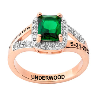 Ladies' 14K Rose Gold over Sterling Emerald Cut Birthstone with CZ Class Ring