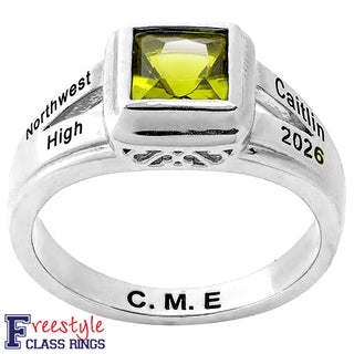 Ladies' Silver Plated Princess Cut Birthstone Freestyle Class Ring