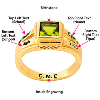 Ladies' 14K Gold Plated Princess Cut Birthstone Freestyle Class Ring