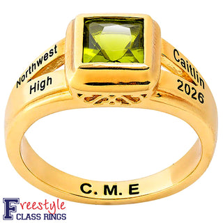 Ladies' 14K Gold Plated Princess Cut Birthstone Freestyle Class Ring
