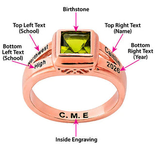 Ladies' 14K Rose Gold Plated Princess Cut Birthstone Freestyle Class Ring