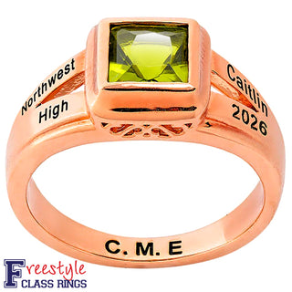 Ladies' 14K Rose Gold Plated Princess Cut Birthstone Freestyle Class Ring