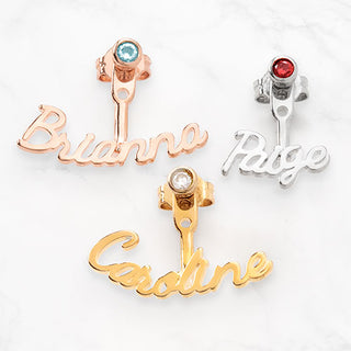 Plated Script Name and Birthstone Front/ Back Earrings
