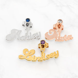 Plated Bubble Script Name and Birthstone Front/ Back Earrings