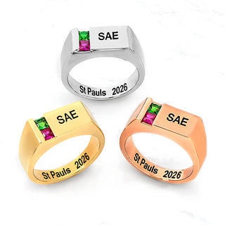 Men's Silver Plated Engraved Square Stone Signet Freestyle Class Ring