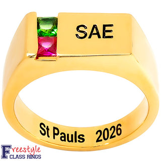 Men's 14K Gold Plated Engraved Square Stone Signet Freestyle Class Ring