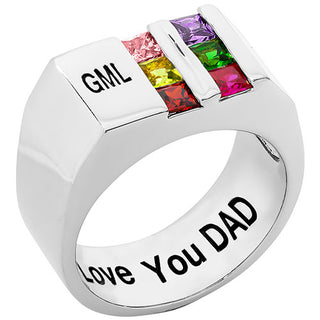 Silver Plated Engraved Double Row Birthstones Signet Ring