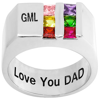 Silver Plated Engraved Double Row Birthstones Signet Ring