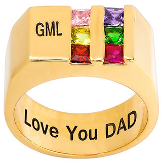 14K Gold Plated Engraved Double Row Birthstones Signet Ring