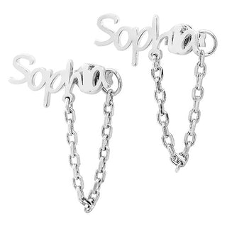 Silver Plated Personalized Name Crawler Button with Chain Loop Earring