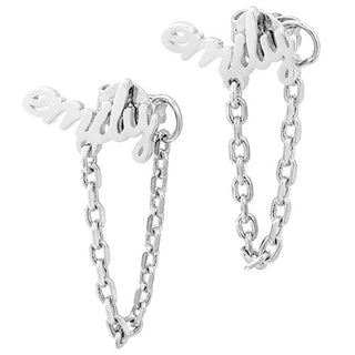 Silver Plated Lowercase Script Name Crawler Button with Chain Loop Earring