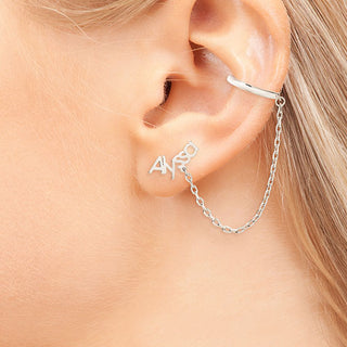 Silver Plated Personalized Name Crawler Button with Ear Cuff and Chain Earring