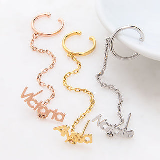 Silver Plated Personalized Name Crawler Button with Ear Cuff and Chain Earring