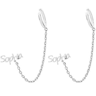Silver Plated Personalized Name Crawler Button with Ear Cuff and Chain Earring