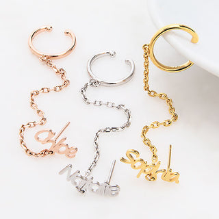 Silver Plated Personalized Name Crawler Button with Ear Cuff and Chain Earring