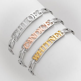 Personalized Plaque Name Frozen Oval Link Chain Cuff Bracelet