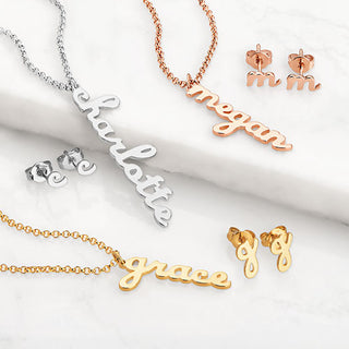 Sterling Silver Lowercase Script Name Necklace and Initial Earring Set