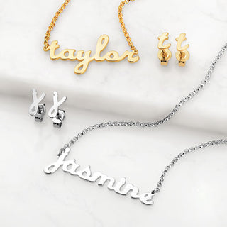 Sterling Silver Lowercase Script Name Necklace and Initial Earring Set