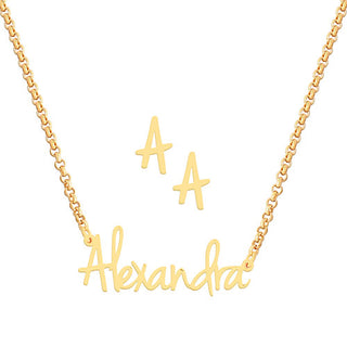 Petite Script Name Necklace and Initial Earring Set