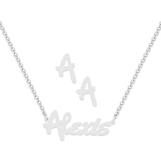 Sterling Silver Bold Script Name Necklace and Initial Earring Set